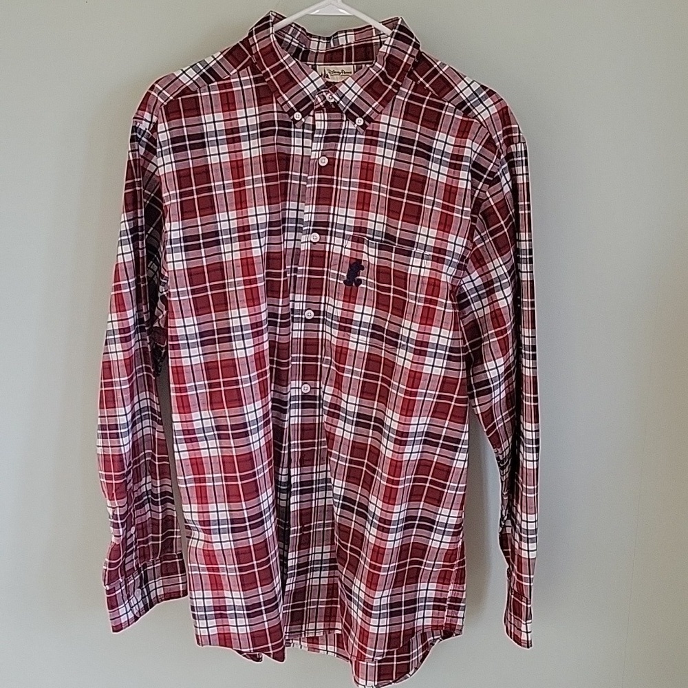 DISNEY plaid red white blue button down shirt. Mickey Mouse Size L 100% cotton